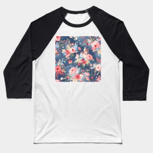 Shabby Chic Floral Flowers, Pretty Feminine Pattern on Blue Background Baseball T-Shirt